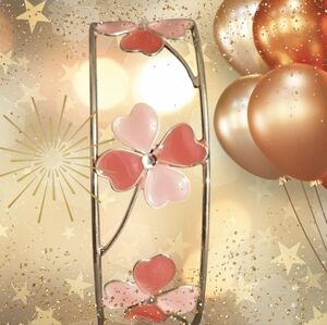 Floral pink and silver wire cuff bracelet